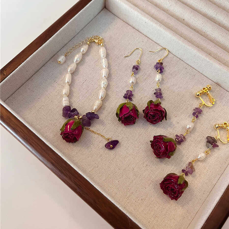 Verdanthands- Handmade Real Flower  Earrings  Rose Earrings Unique Design High-end Real Flower Bracelet.