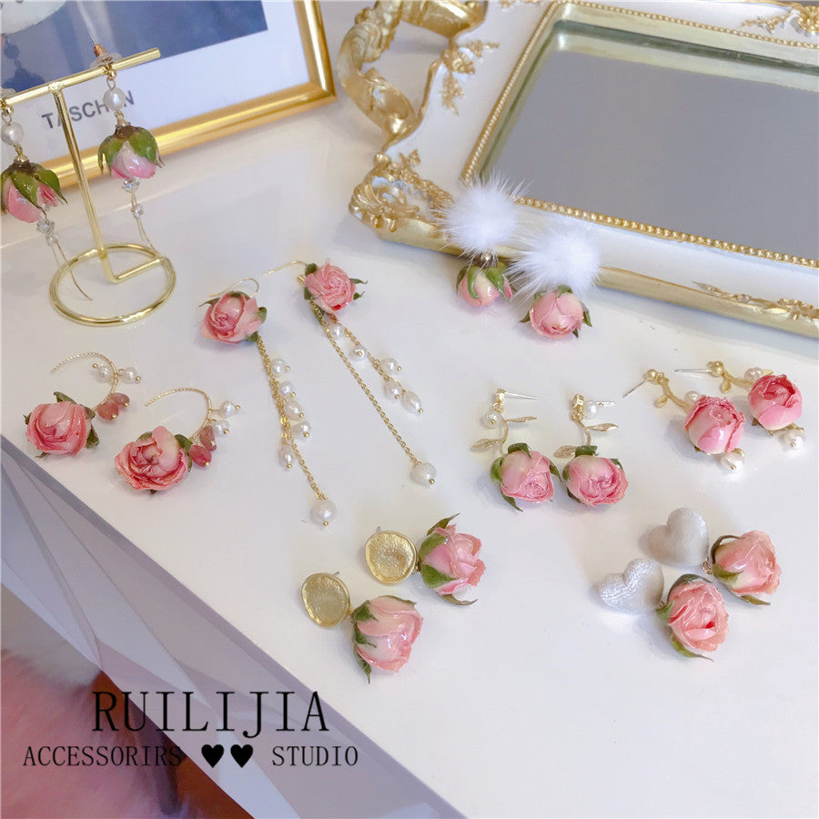 Verdanthands- Handmade Real Flower  Earrings Pink Rose