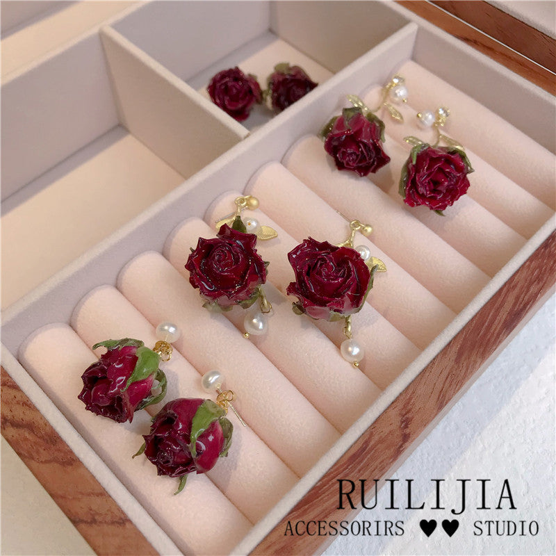 Verdanthands- Handmade Real Flower  Earrings  Original Handmade Preserved Red Rose