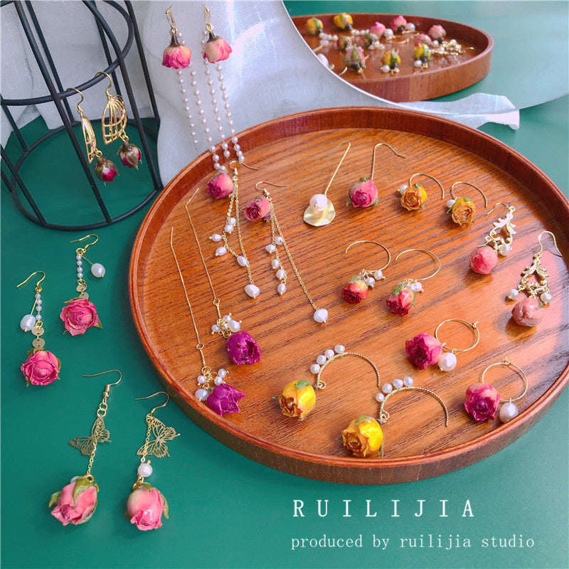 Verdanthands- Handmade Real Flower  Earrings  Baroque Style Pearl and Preserved Flower Earrings with Dried Roses