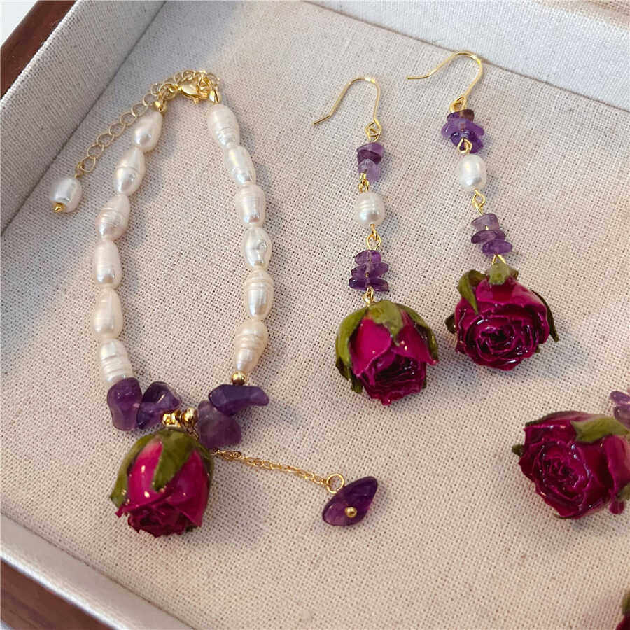 Verdanthands- Handmade Real Flower  Earrings  Rose Earrings Unique Design High-end Real Flower Bracelet.