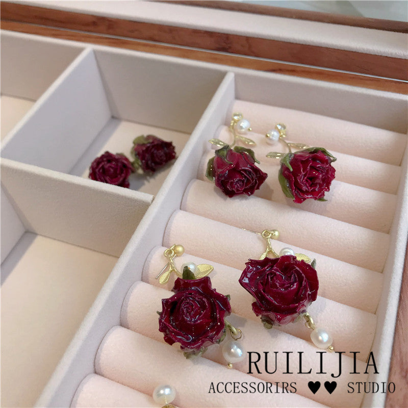 Verdanthands- Handmade Real Flower  Earrings  Original Handmade Preserved Red Rose
