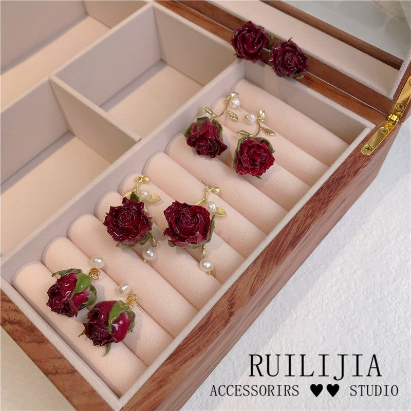Verdanthands- Handmade Real Flower  Earrings  Original Handmade Preserved Red Rose