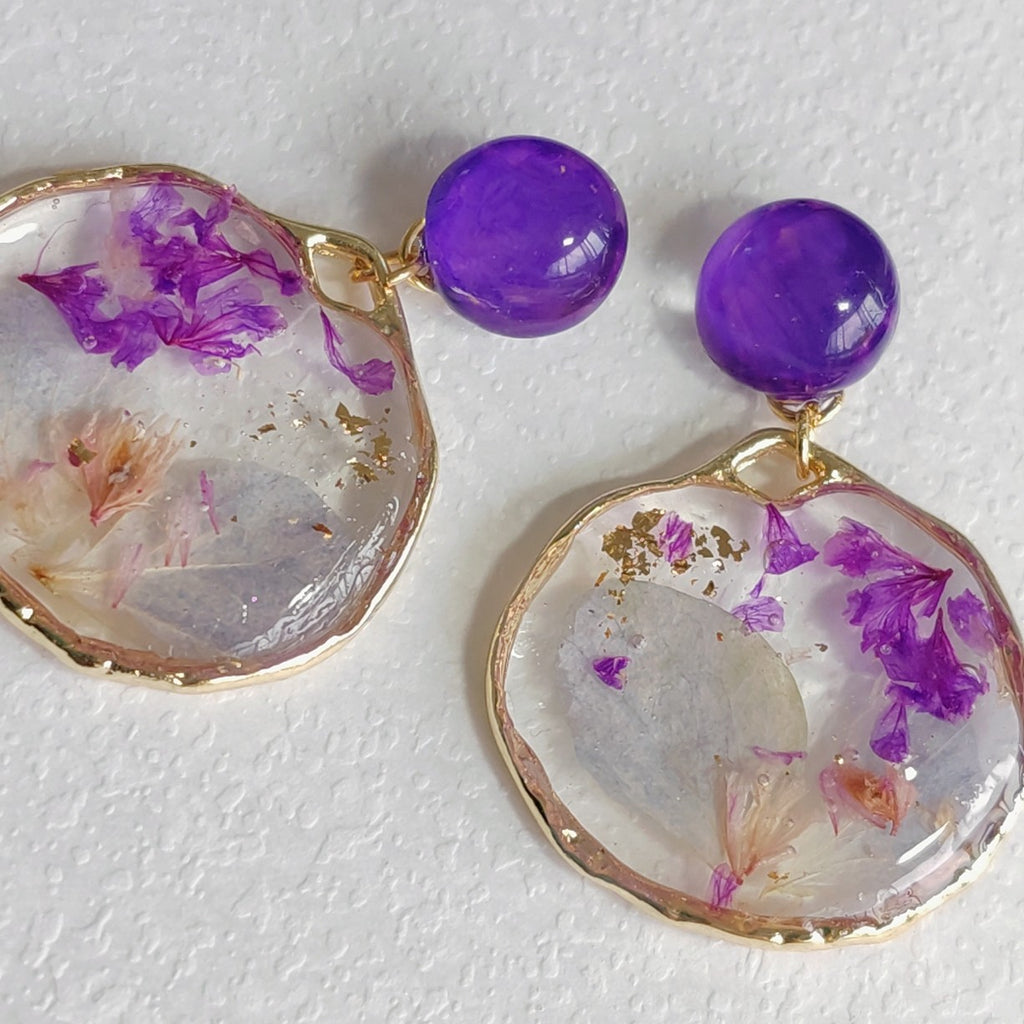 Verdanthands- Handmade Real Flower  Earrings Original Retro Dried Flower Epoxy Earrings, Pastoral Style, Girlish Clip-on Earrings, Mori Girl Style Earrings