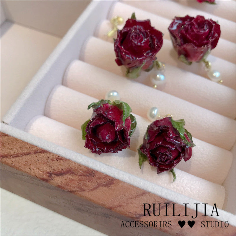 Verdanthands- Handmade Real Flower  Earrings  Original Handmade Preserved Red Rose