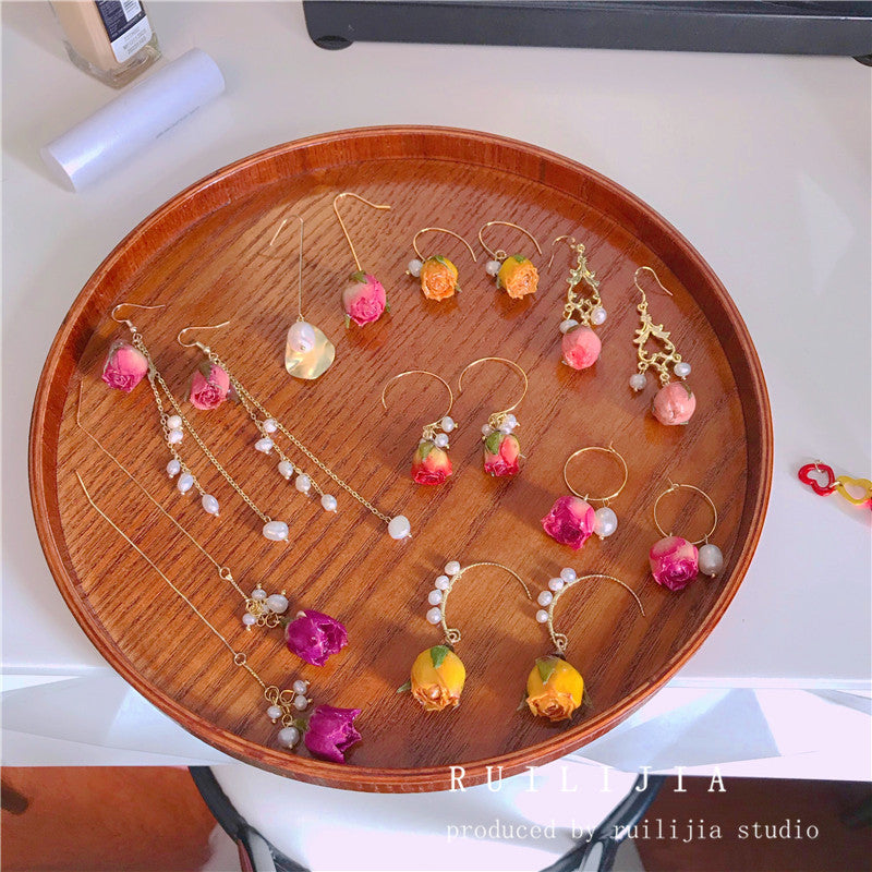 Verdanthands- Handmade Real Flower  Earrings  Baroque Style Pearl and Preserved Flower Earrings with Dried Roses