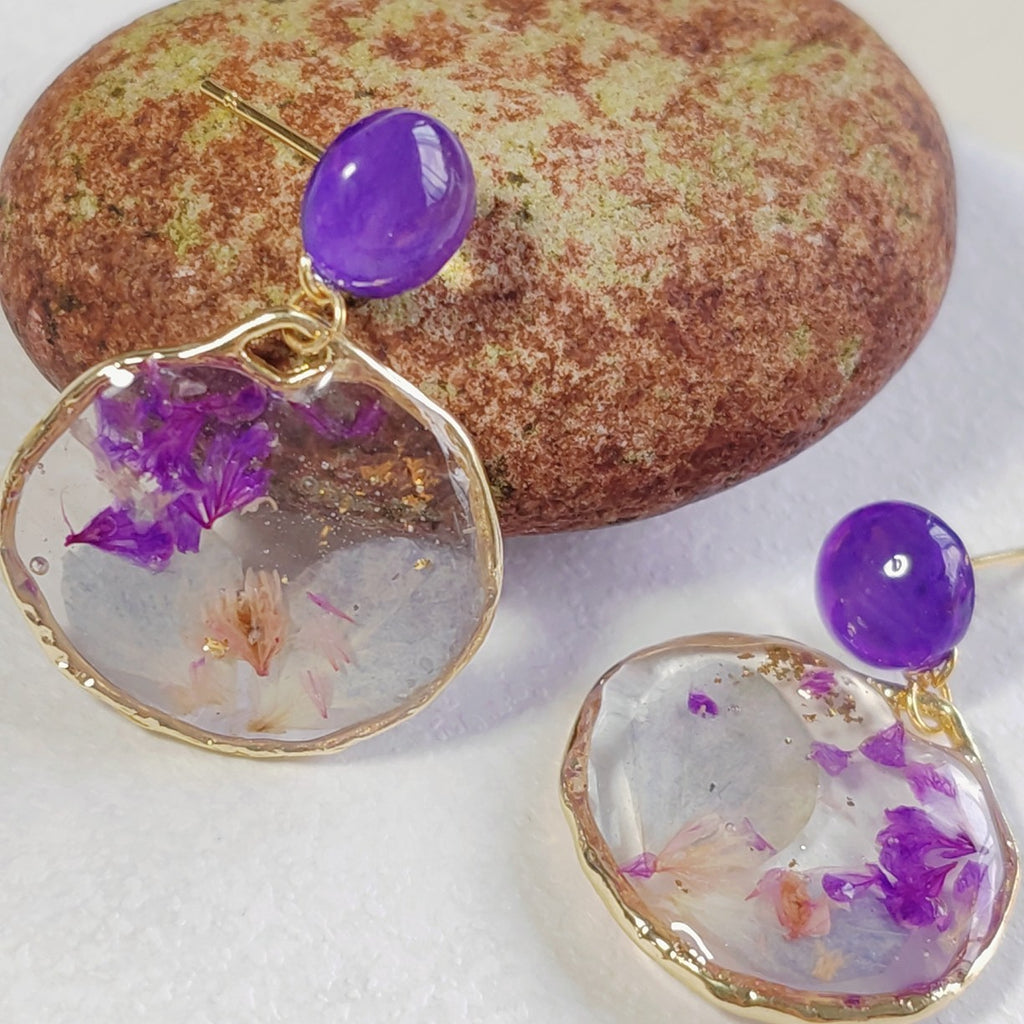 Verdanthands- Handmade Real Flower  Earrings Original Retro Dried Flower Epoxy Earrings, Pastoral Style, Girlish Clip-on Earrings, Mori Girl Style Earrings