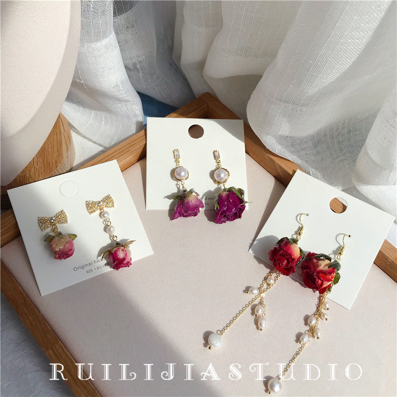 Verdanthands- Handmade Real Flower  Earrings  Rose