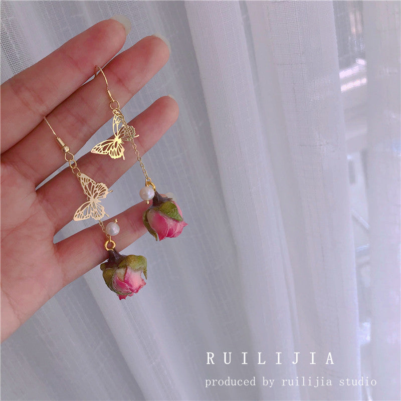 Verdanthands- Handmade Real Flower  Earrings  Baroque Style Pearl and Preserved Flower Earrings with Dried Roses