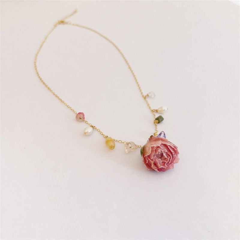 Verdanthands- Handmade Real Flower  Necklace Original Real Dried Pink Rose Necklace in Vintage Style, 14K Gold-Filled