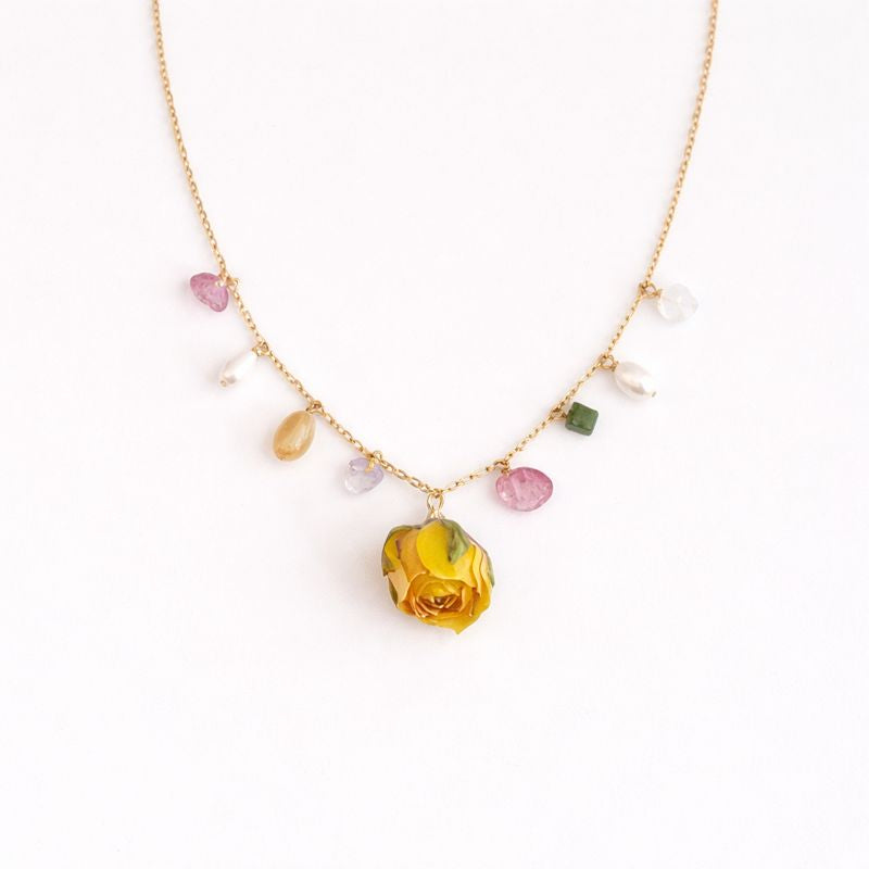 Verdanthands- Handmade Real Flower  Necklace Original Real Dried Pink Rose Necklace in Vintage Style, 14K Gold-Filled