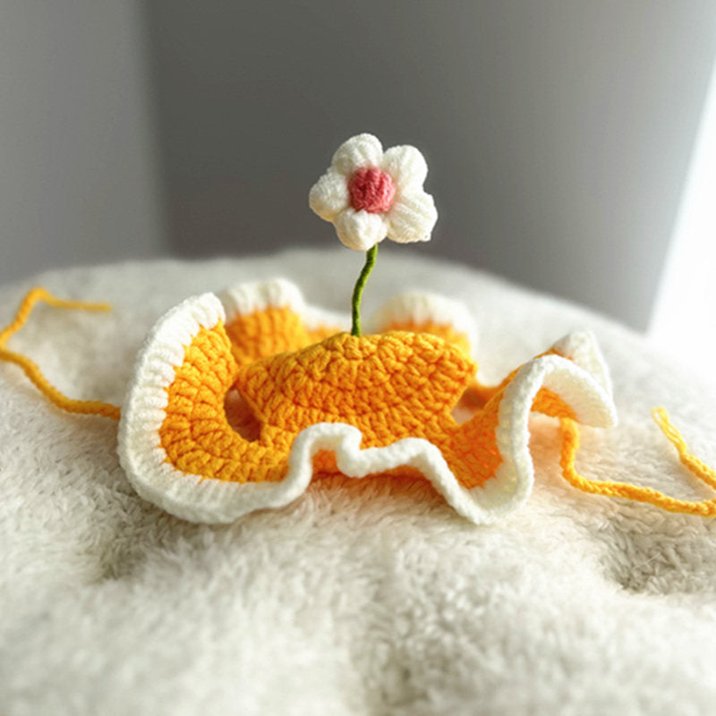 Lolita Maid Style Flower Pet Hat – Knitted Wavy Brim Headpiece for Cats & Small Dogs