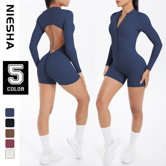 Open-Back Half-Zip Sculpting Jumpsuit