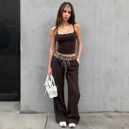 Leopard Print Color-Block Trim Square Neck Tank Top & Drawstring Wide-Leg Pants Set