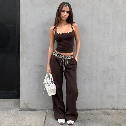 Leopard Print Color-Block Trim Square Neck Tank Top & Drawstring Wide-Leg Pants Set