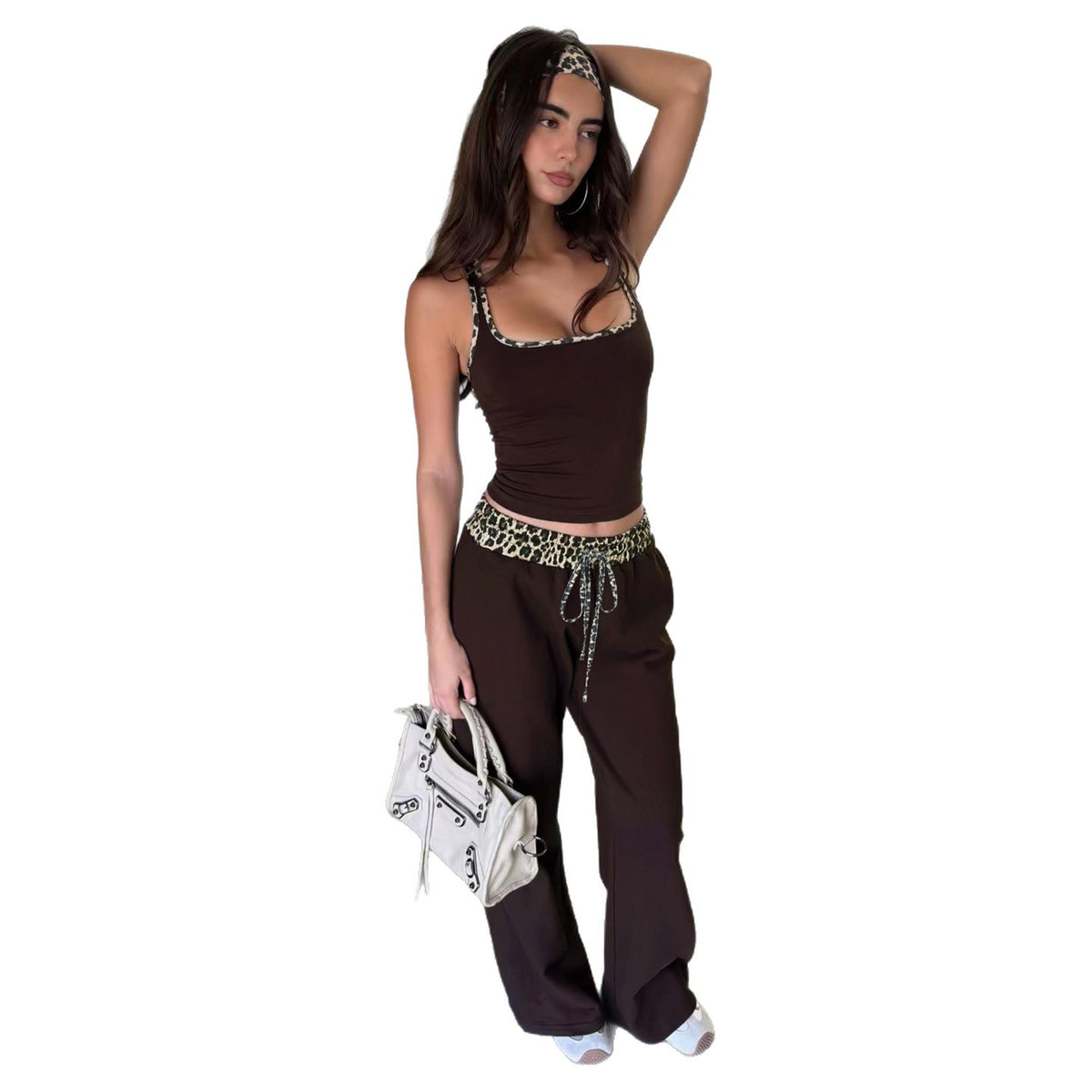 Leopard Print Color-Block Trim Square Neck Tank Top & Drawstring Wide-Leg Pants Set