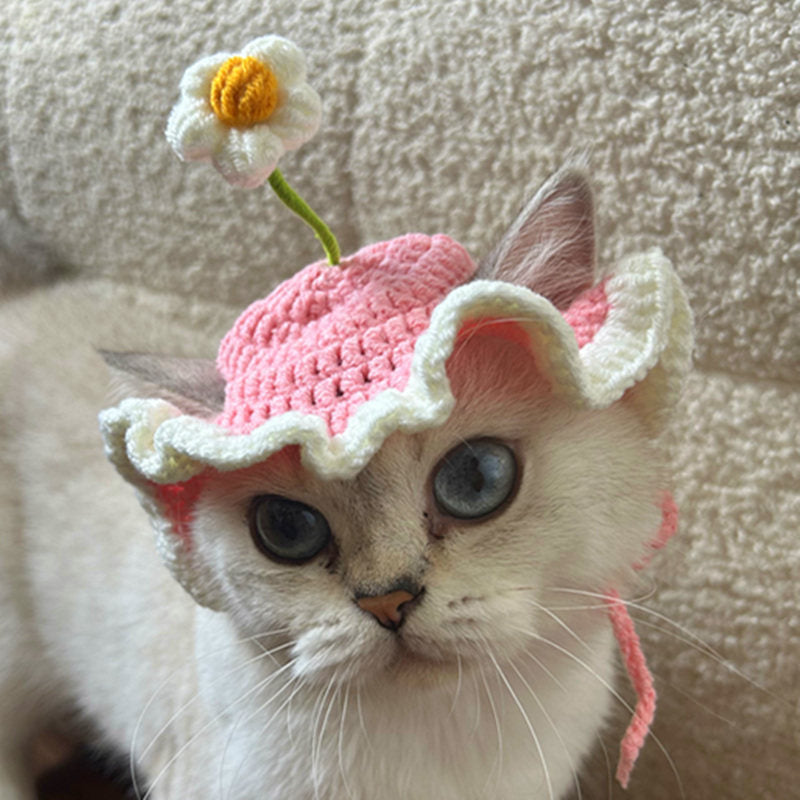 Lolita Maid Style Flower Pet Hat – Knitted Wavy Brim Headpiece for Cats & Small Dogs