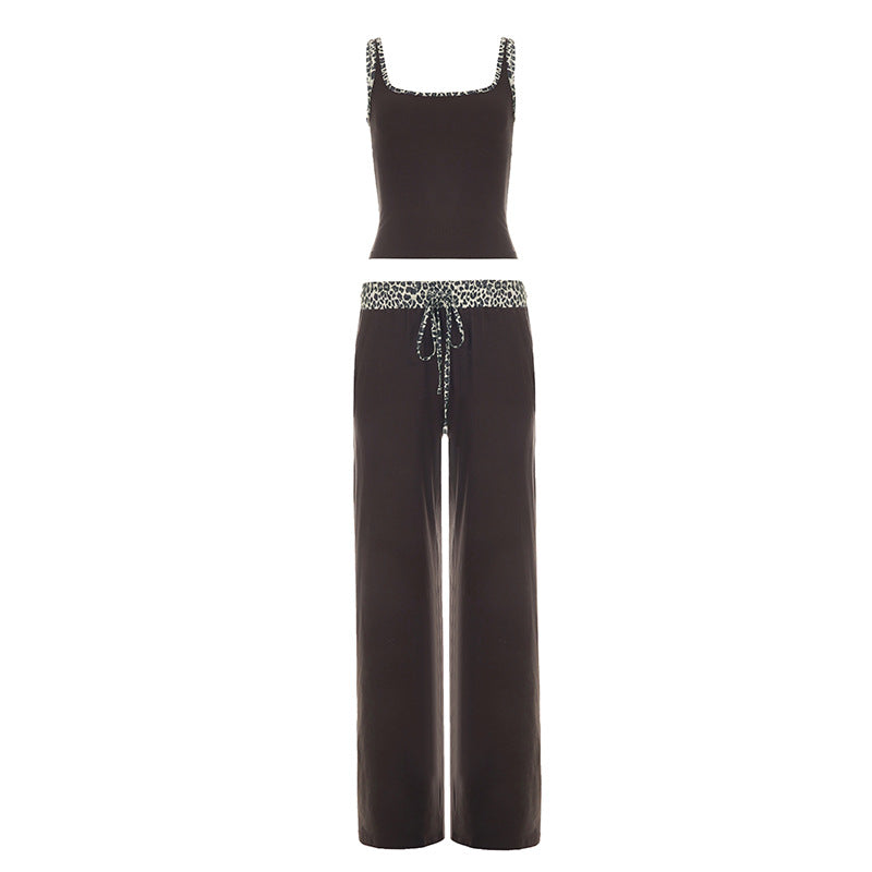 Leopard Print Color-Block Trim Square Neck Tank Top & Drawstring Wide-Leg Pants Set