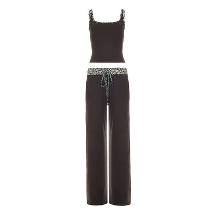 Leopard Print Color-Block Trim Square Neck Tank Top & Drawstring Wide-Leg Pants Set