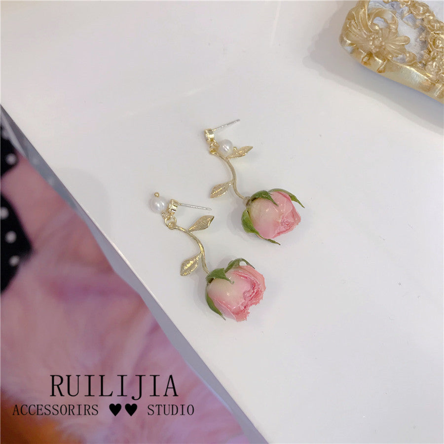 Verdanthands- Handmade Real Flower  Earrings Pink Rose