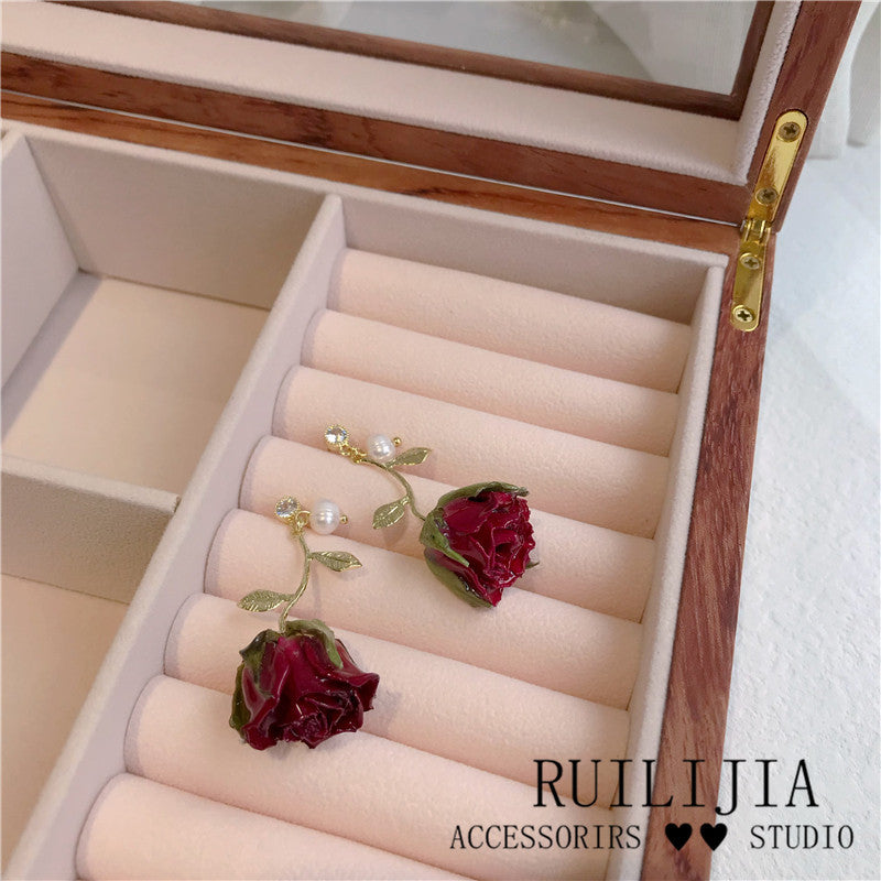 Verdanthands- Handmade Real Flower  Earrings  Original Handmade Preserved Red Rose