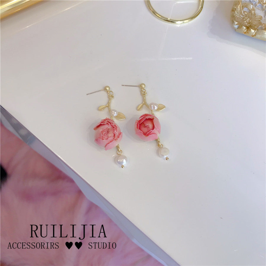 Verdanthands- Handmade Real Flower  Earrings Pink Rose