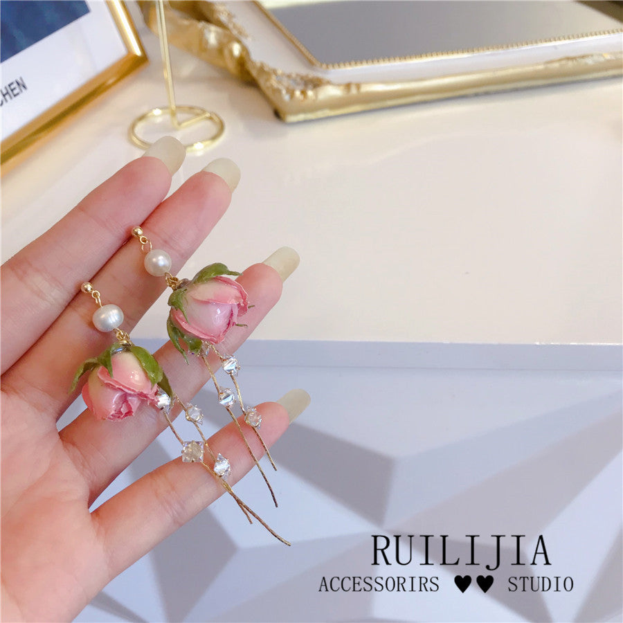 Verdanthands- Handmade Real Flower  Earrings Pink Rose