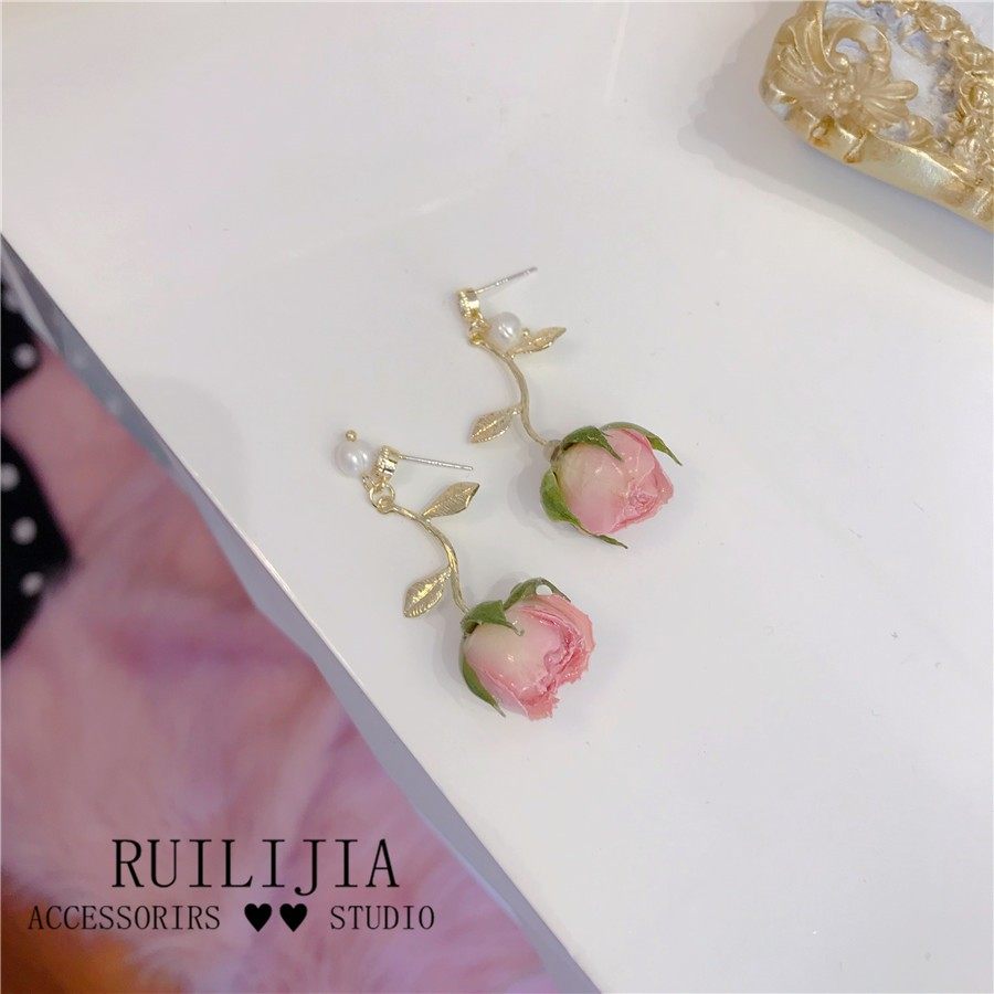 Verdanthands- Handmade Real Flower  Earrings Pink Rose