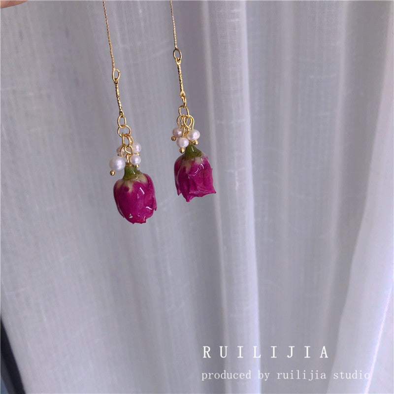 Verdanthands- Handmade Real Flower  Earrings  Baroque Style Pearl and Preserved Flower Earrings with Dried Roses