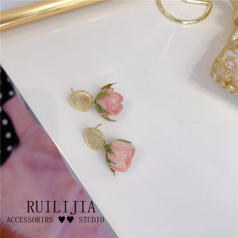 Verdanthands- Handmade Real Flower  Earrings Pink Rose