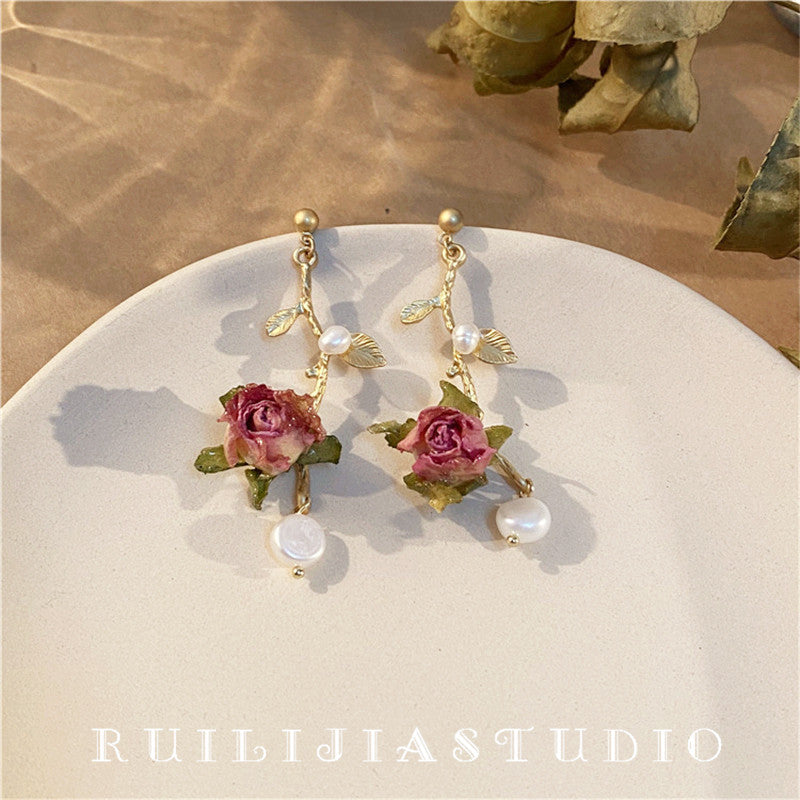 Verdanthands- Handmade Real Flower  Earrings  Rose