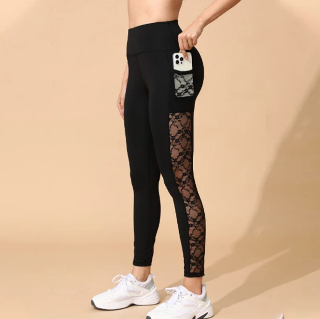 Women's High-Waisted Mesh Yoga Pants – Butt-Lifting, Heart Detail & Phone Pocket