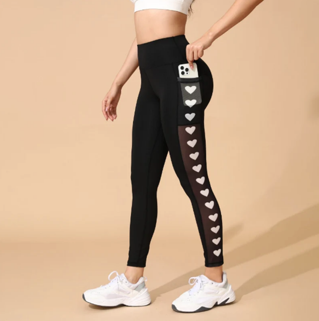 Women's High-Waisted Mesh Yoga Pants – Butt-Lifting, Heart Detail & Phone Pocket