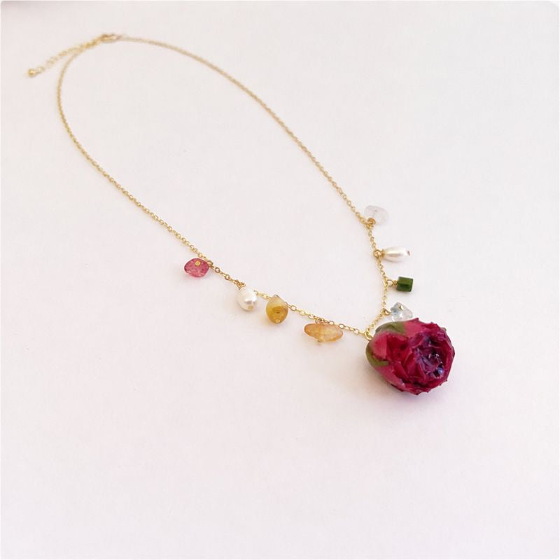 Verdanthands- Handmade Real Flower  Necklace Original Real Dried Pink Rose Necklace in Vintage Style, 14K Gold-Filled