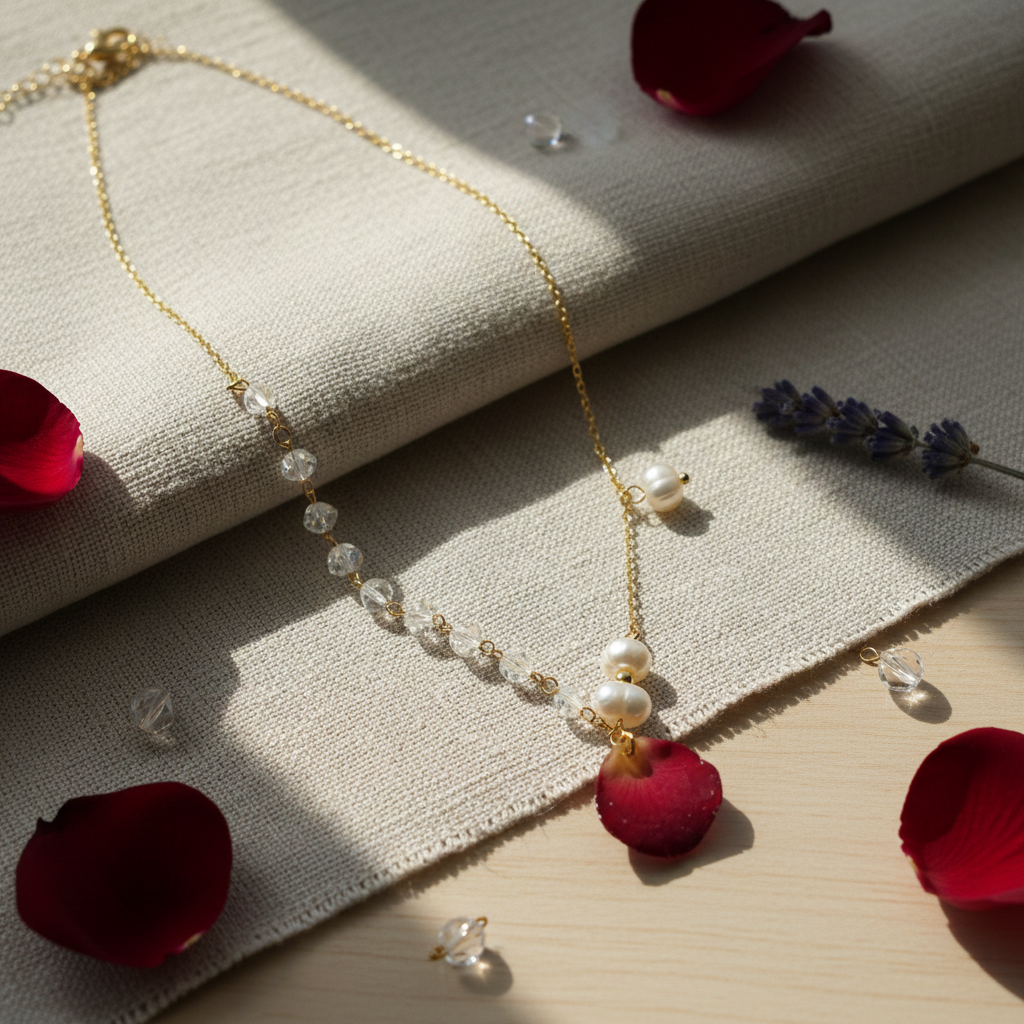 Verdanthands Handmade Real Rose Petal Necklace with Pearl - Preserved Botanical Jewelry for Her - Gold Dainty Flower Pendant