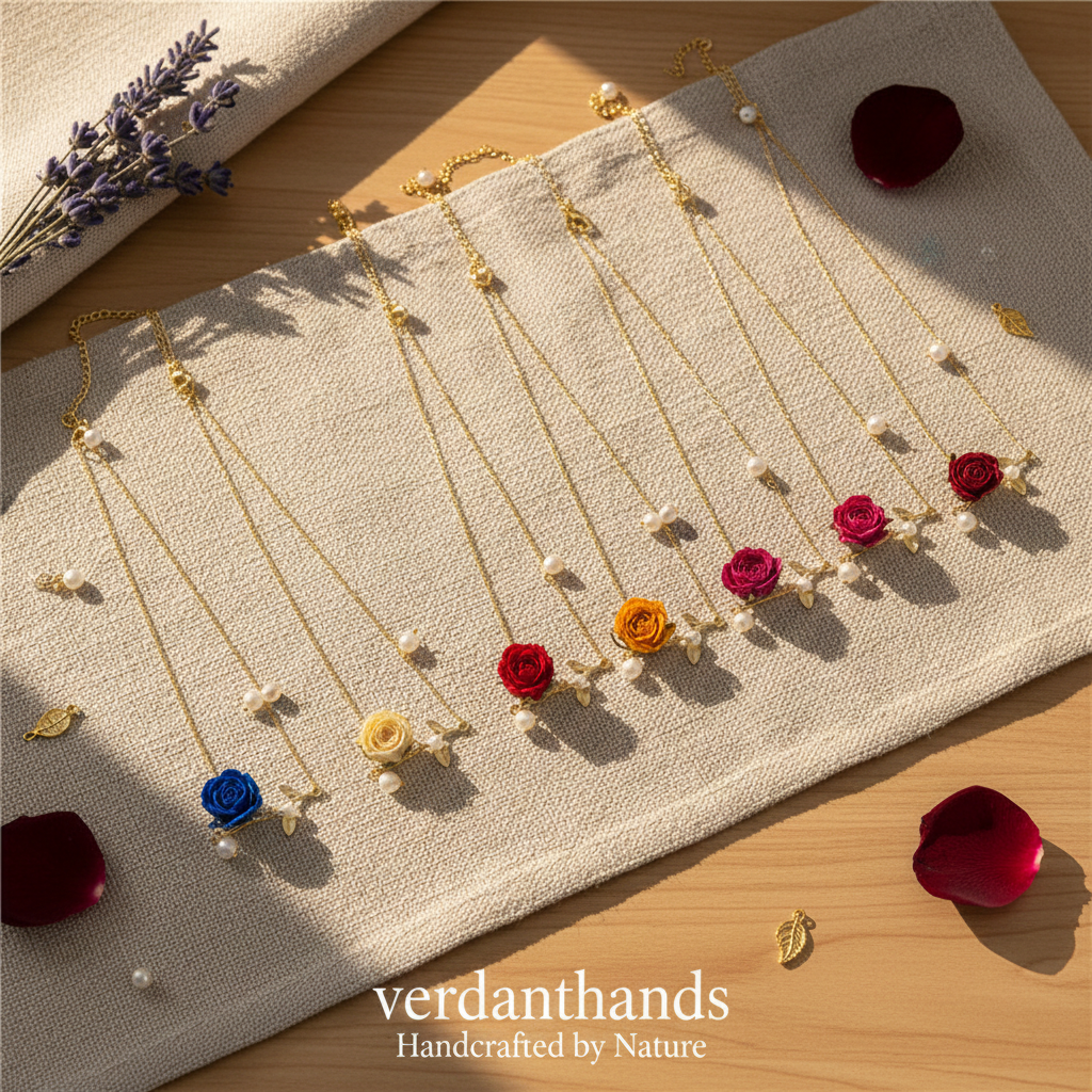 Verdanthands Handmade 3D Red Rose Necklace with Pearls - Gold Vine Branch Botanical Pendant - Romantic Real Flower Jewelry Gift for Her