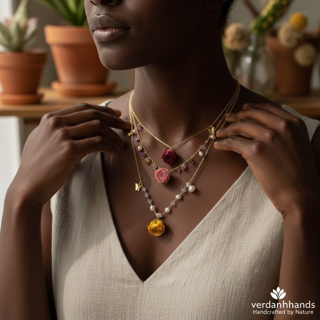 Verdanthands- Handmade Real Flower  Necklace Original Real Dried Pink Rose Necklace in Vintage Style, 14K Gold-Filled