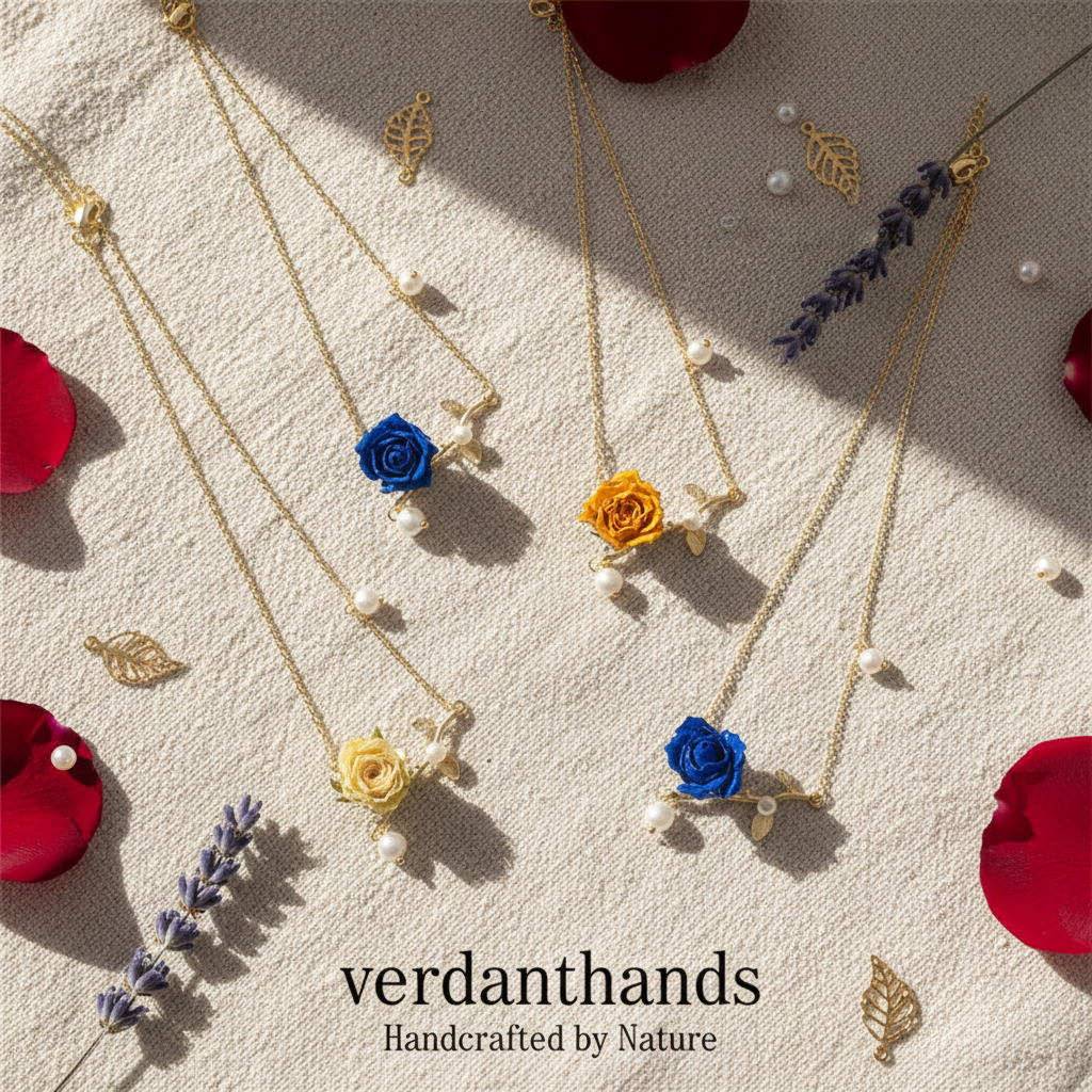 Verdanthands Handmade 3D Red Rose Necklace with Pearls - Gold Vine Branch Botanical Pendant - Romantic Real Flower Jewelry Gift for Her