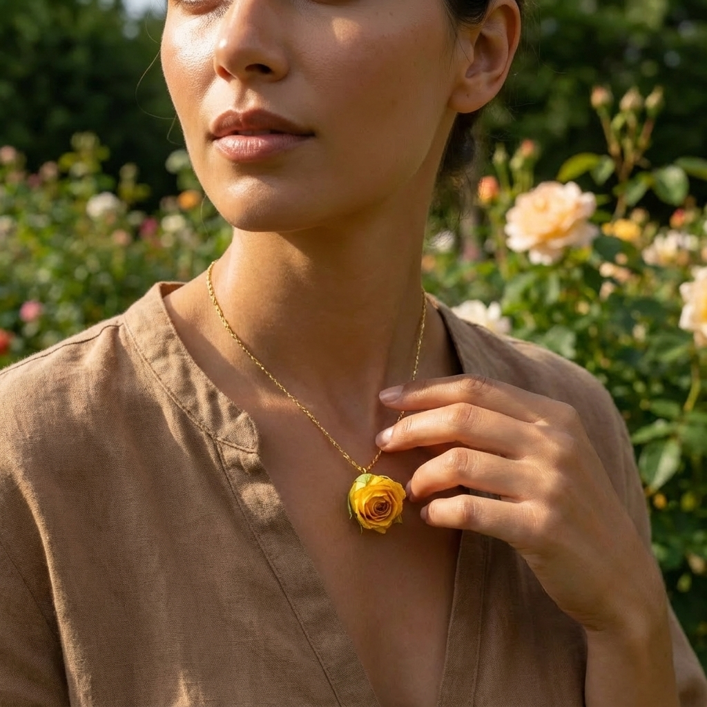 Verdanthands Handmade 3D Preserved Rose Necklace - Real Whole Flower Head Pendant - Romantic Botanical Jewelry Gift for Her