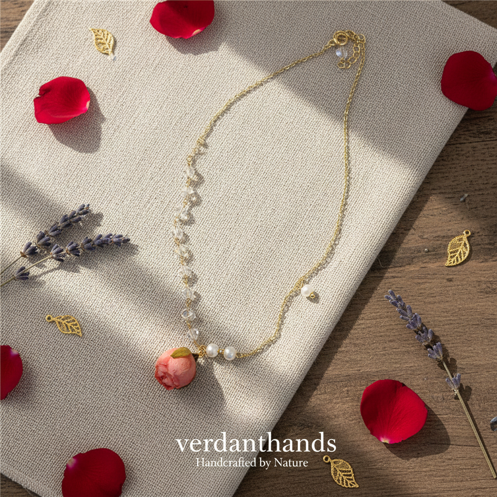 Verdanthands Handmade Preserved Pink Rose Bud Necklace - Real Flower & Freshwater Pearl Jewelry - Romantic Botanical Gift for Her