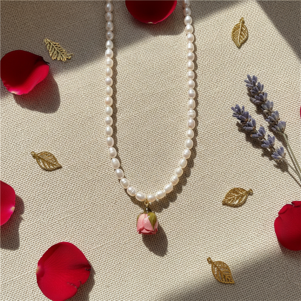 Verdanthands Handmade Preserved Pink Rose Bud Necklace - Real Flower & Freshwater Pearl Jewelry - Romantic Botanical Gift for Her