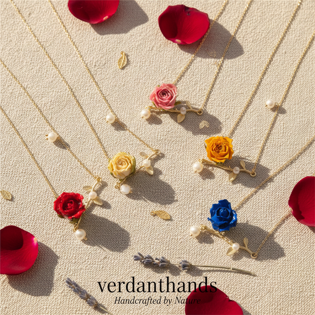 Verdanthands Handmade 3D Red Rose Necklace with Pearls - Gold Vine Branch Botanical Pendant - Romantic Real Flower Jewelry Gift for Her