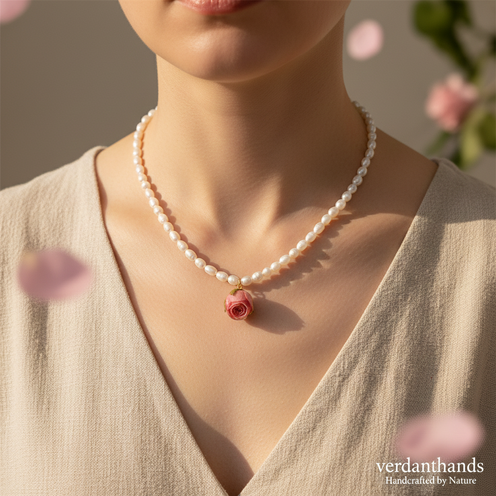 Verdanthands Handmade Preserved Pink Rose Bud Necklace - Real Flower & Freshwater Pearl Jewelry - Romantic Botanical Gift for Her