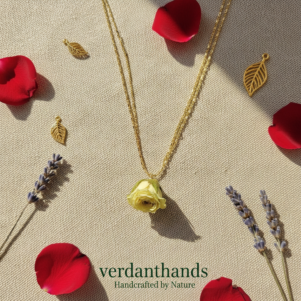 Verdanthands Handmade 3D Preserved Rose Necklace - Real Whole Flower Head Pendant - Romantic Botanical Jewelry Gift for Her
