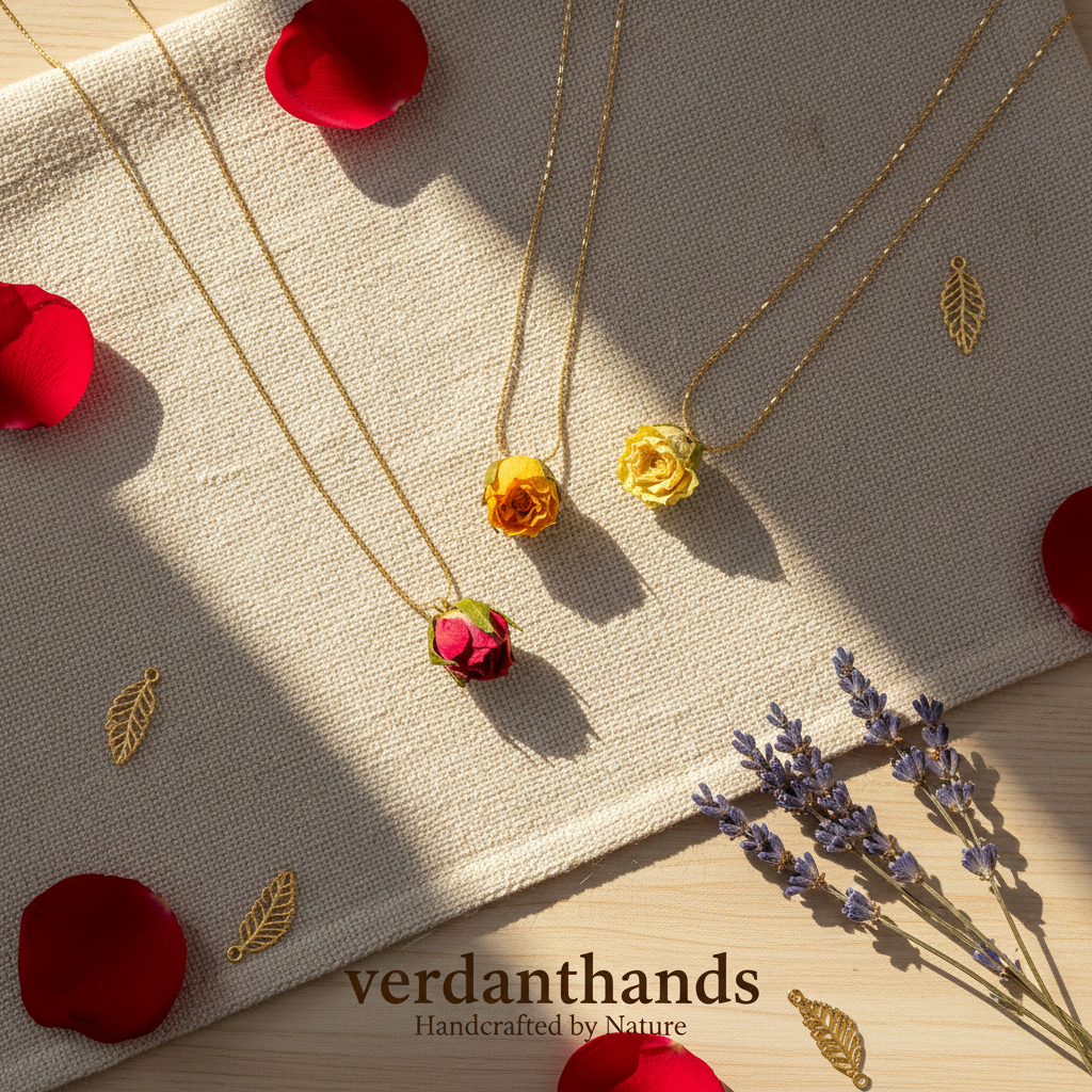Verdanthands Handmade 3D Preserved Rose Necklace - Real Whole Flower Head Pendant - Romantic Botanical Jewelry Gift for Her
