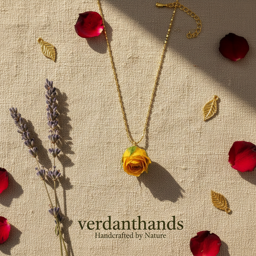 Verdanthands Handmade 3D Preserved Rose Necklace - Real Whole Flower Head Pendant - Romantic Botanical Jewelry Gift for Her