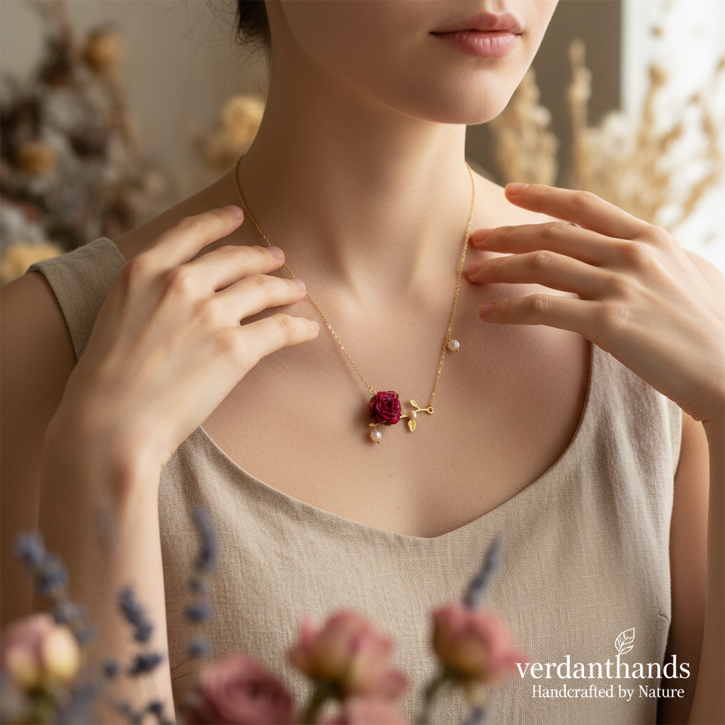 Verdanthands Handmade 3D Red Rose Necklace with Pearls - Gold Vine Branch Botanical Pendant - Romantic Real Flower Jewelry Gift for Her