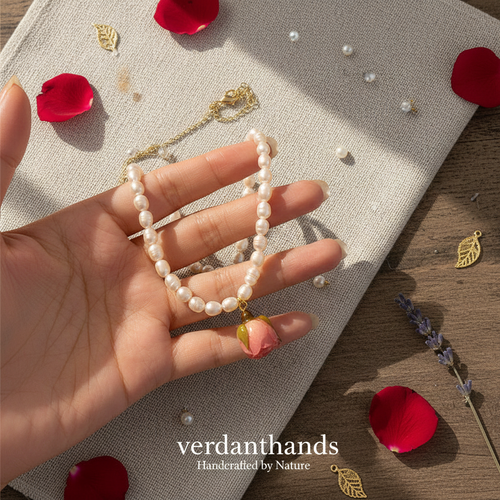 Verdanthands Handmade Preserved Pink Rose Bud Necklace - Real Flower & Freshwater Pearl Jewelry - Romantic Botanical Gift for Her
