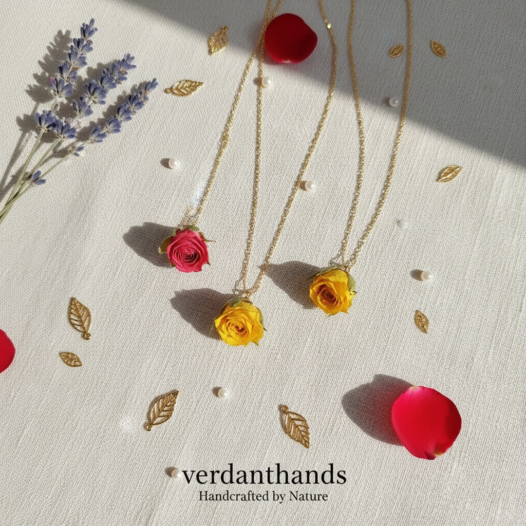 Verdanthands Handmade 3D Preserved Rose Necklace - Real Whole Flower Head Pendant - Romantic Botanical Jewelry Gift for Her
