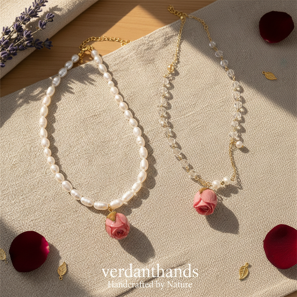 Verdanthands Handmade Preserved Pink Rose Bud Necklace - Real Flower & Freshwater Pearl Jewelry - Romantic Botanical Gift for Her